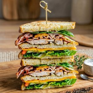 Club sandwich au poulet mariné, bacon & crème d’avocat
