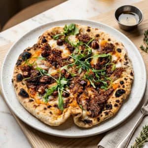 Pizza au canard confit, patate douce & Ossau-Iraty