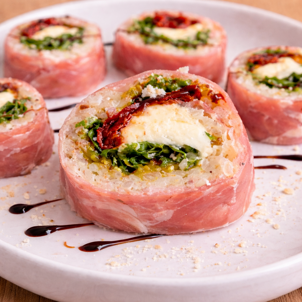 Sushi italien au risotto (prosciutto, pesto & mozzarella)