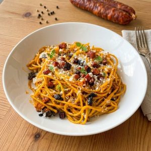 Spaghetti crémeux au chorizo et poivron