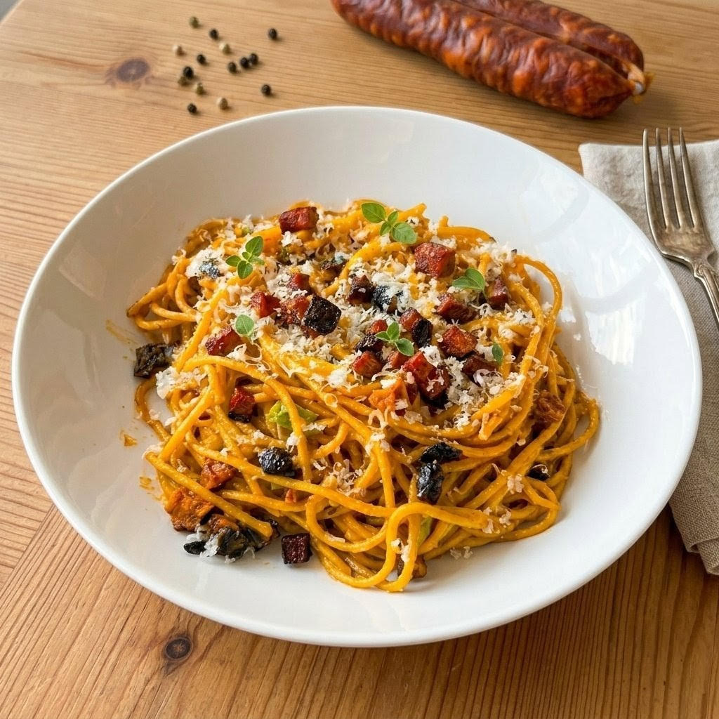 Spaghetti crémeux au chorizo et poivron
