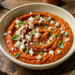 Crème de poivron rôti, feta & ail confit