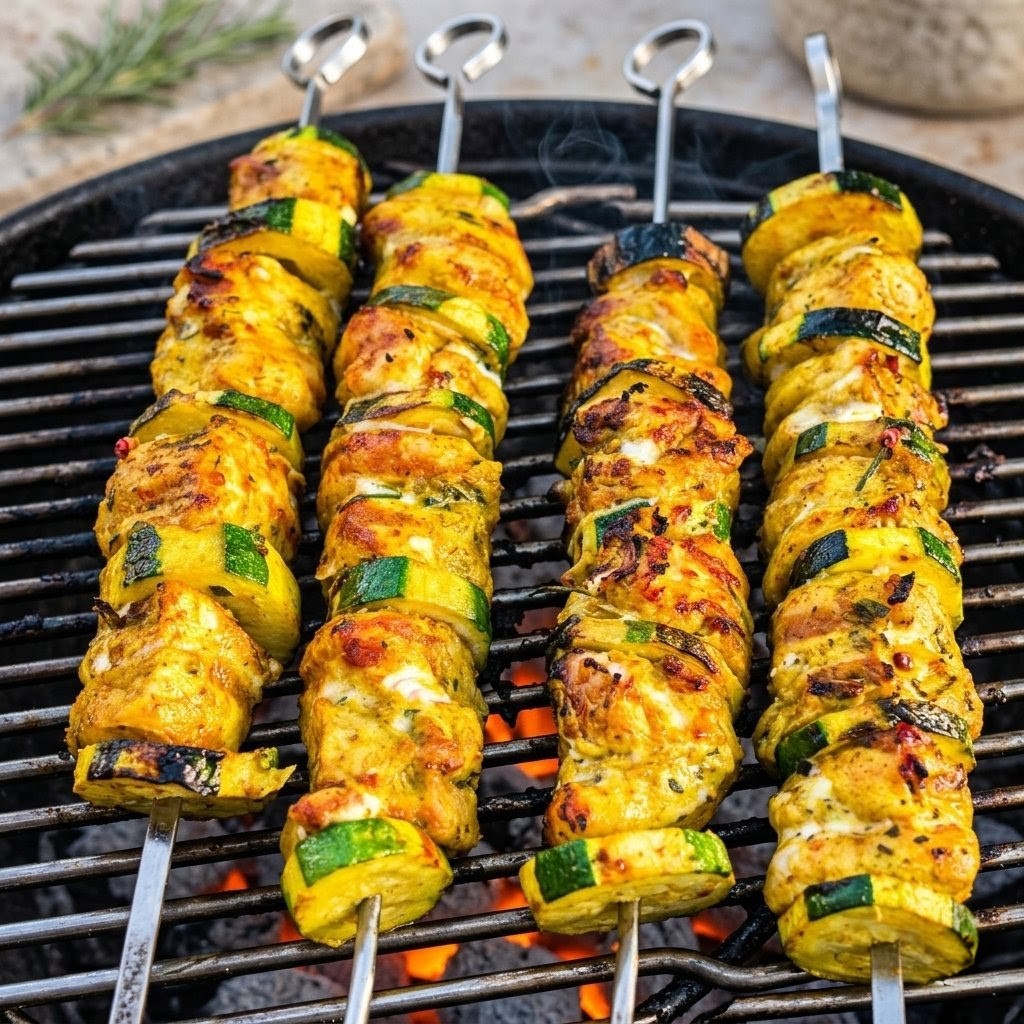 Brochettes poulet curry courgettes
