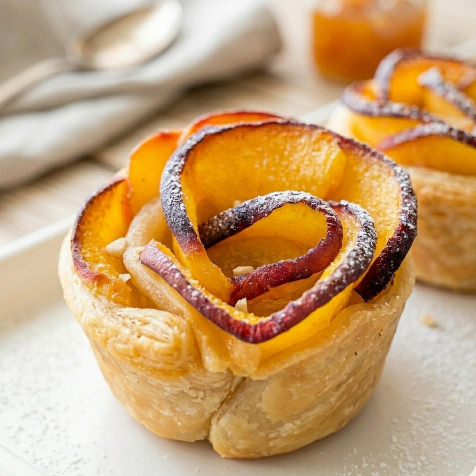 Pêches en roses feuilletées