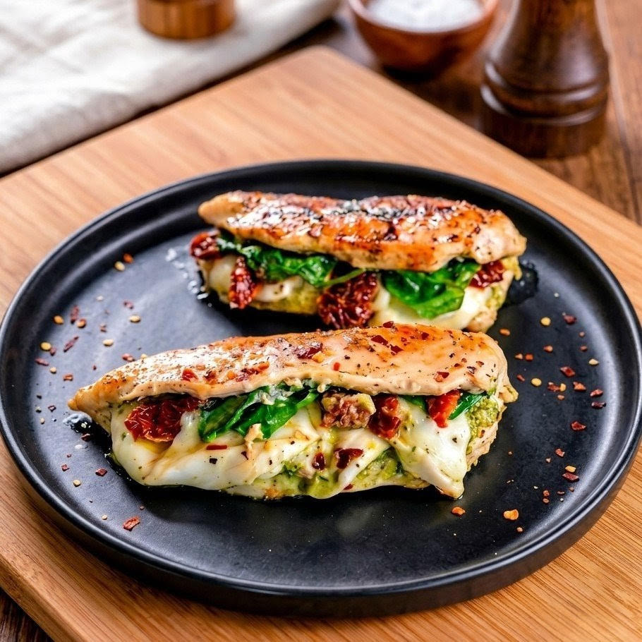Poulet à l’italienne (pesto, mozzarella & épinards)