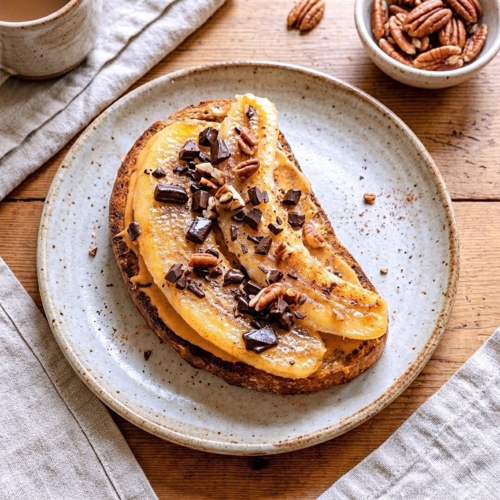 Tartine banane caramélisée, chocolat et beurre de cacahuète