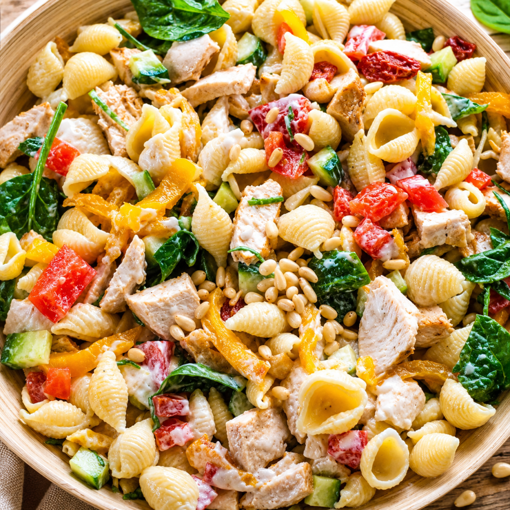 Salade de pâtes crémeuse au poulet, mozzarella & poivron rôti