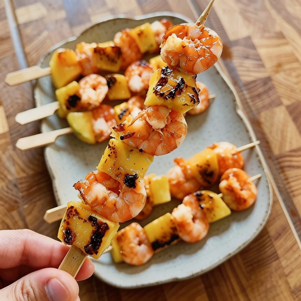 Brochettes de crevettes & mangue grillée