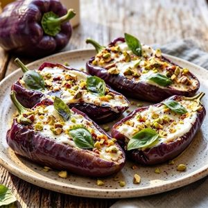 Poivrons violets rôtis au fromage frais & pistaches