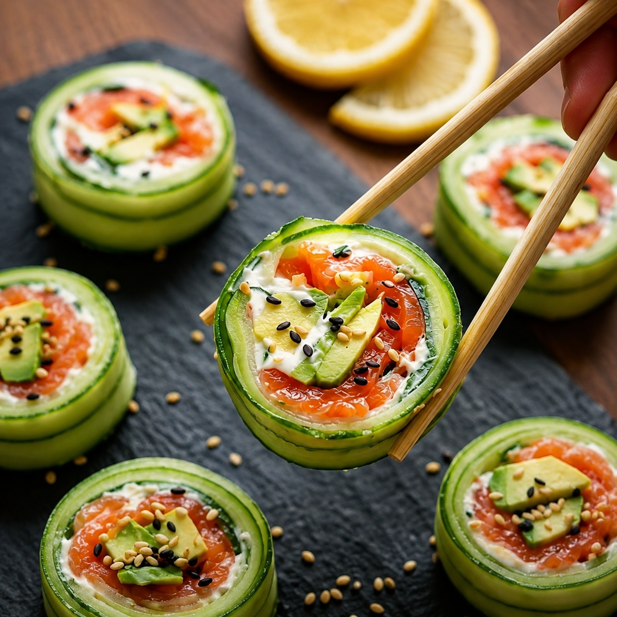 Sushis de concombre au saumon fumé