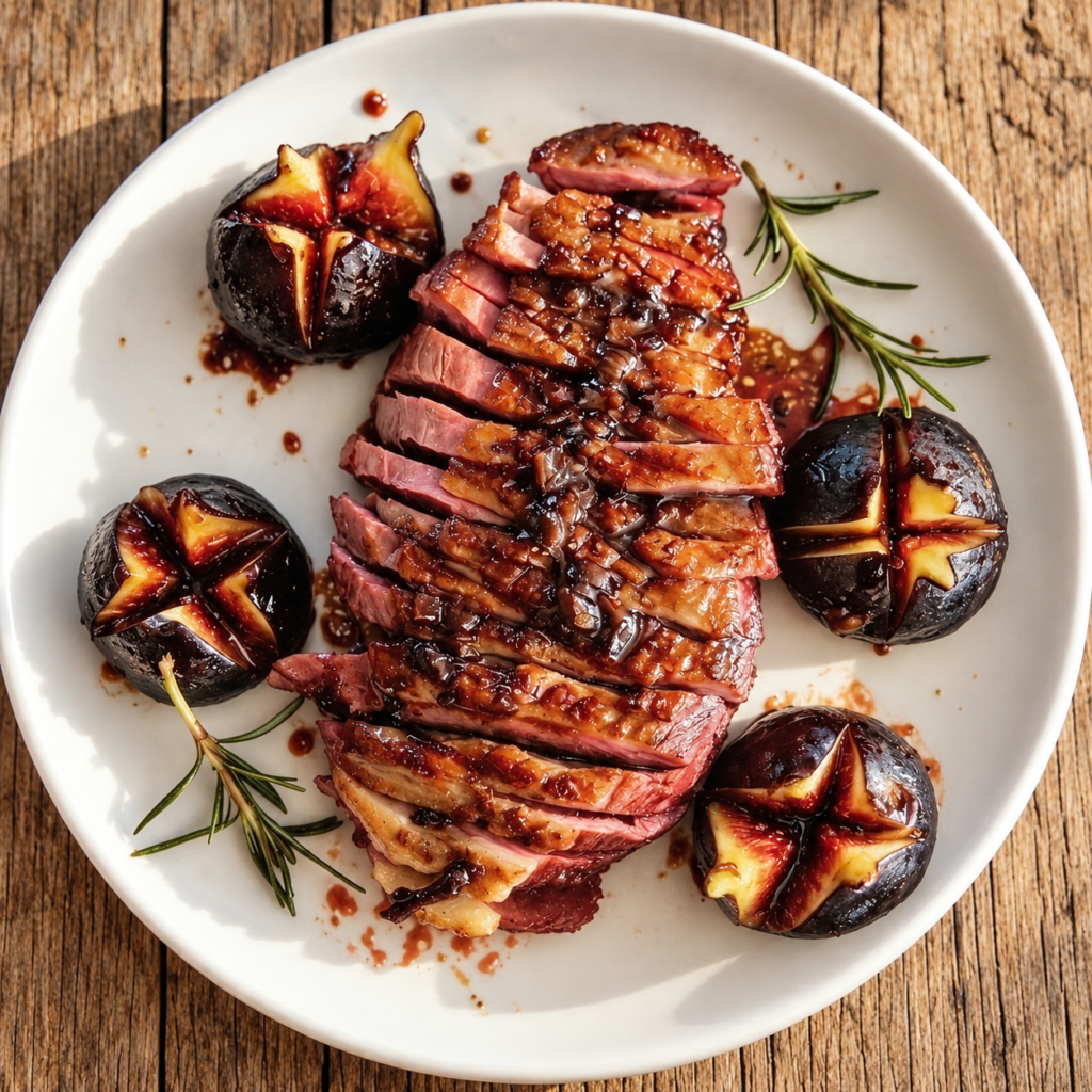 Magret de canard aux figues rôties, sauce miel-balsamique