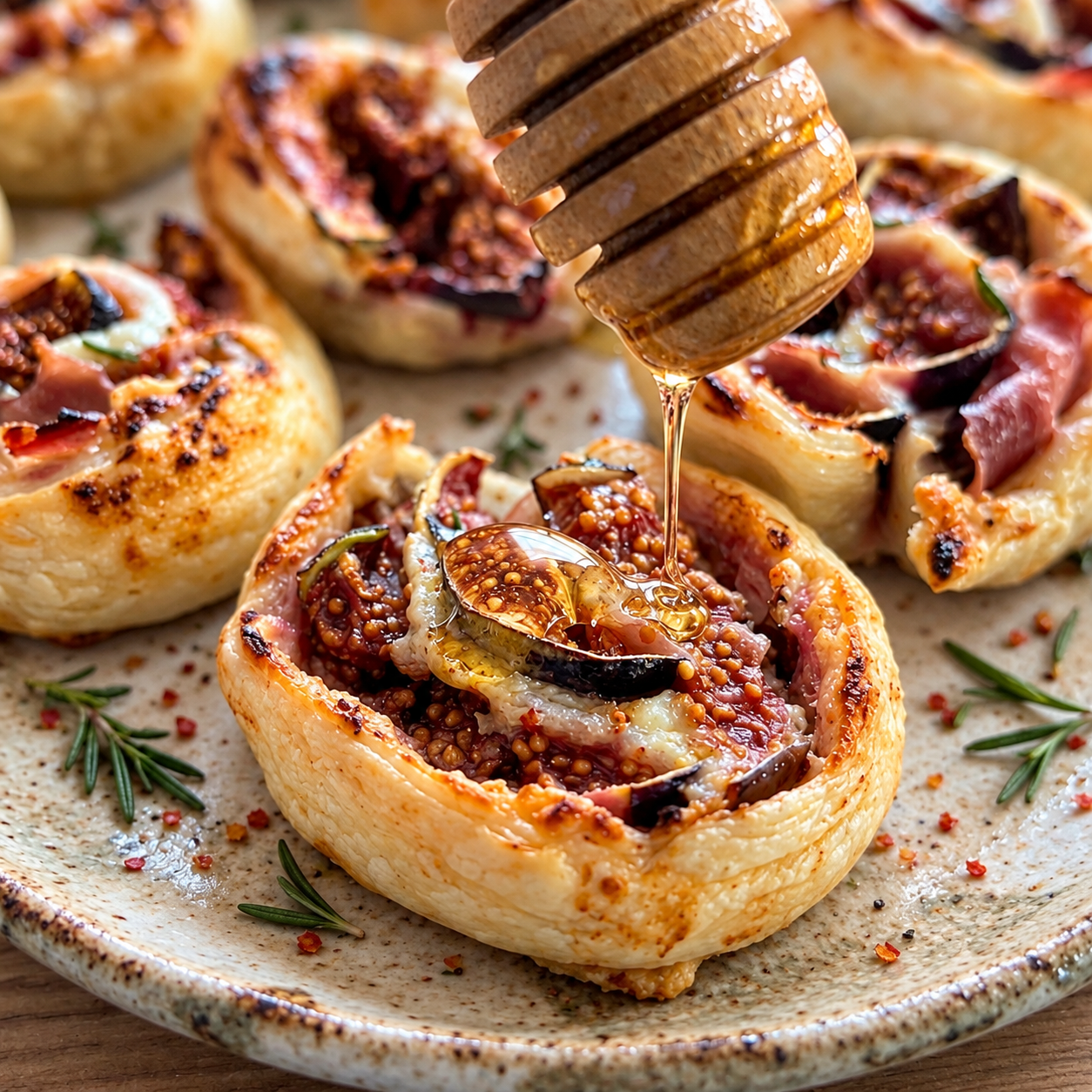 Roulés feuilletés figues, chèvre, miel & noix